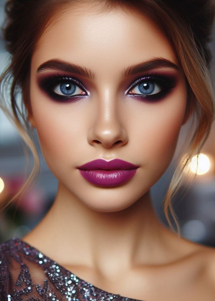 Unleash your inner mystery! Violet smokey eyes paired with mauve lips create a mystical and alluring look, perfect for a night out or adding a touch of intrigue to your everyday makeup.