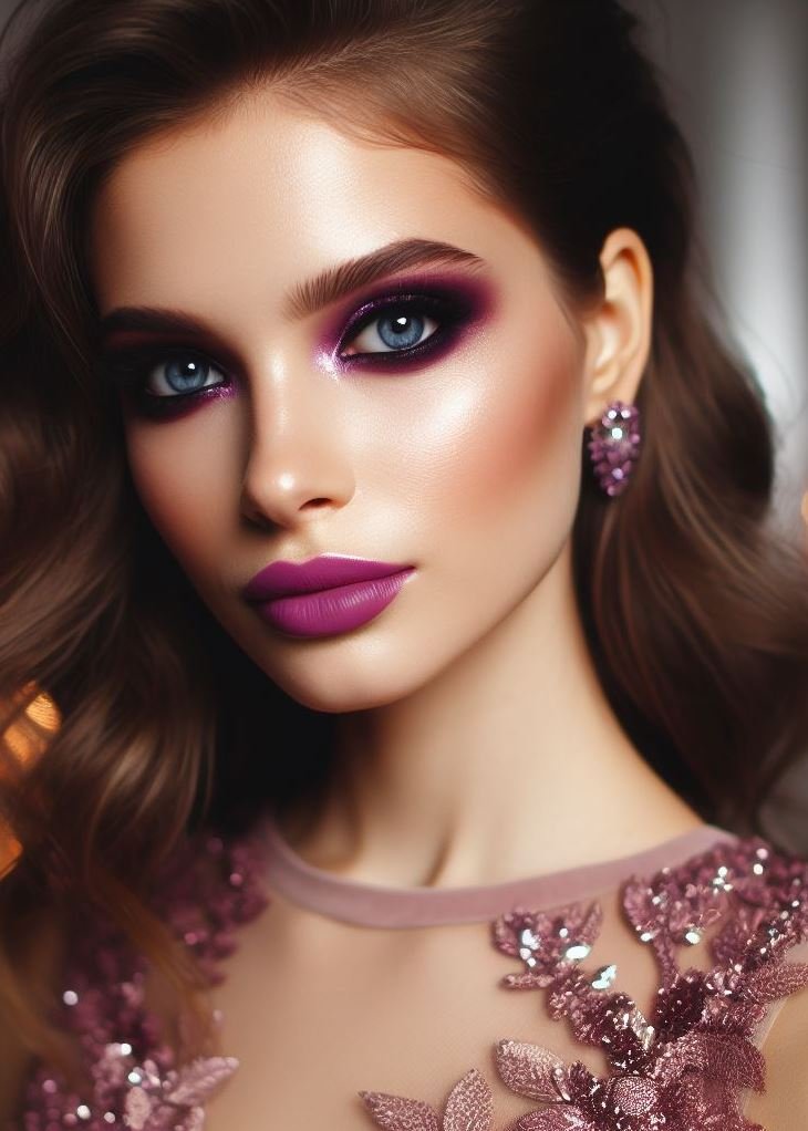 Embrace the enigma! A veil of violet smokey eyes with mauve lips creates a captivating and otherworldly look. This unique combination is perfect for those who want to stand out from the crowd.