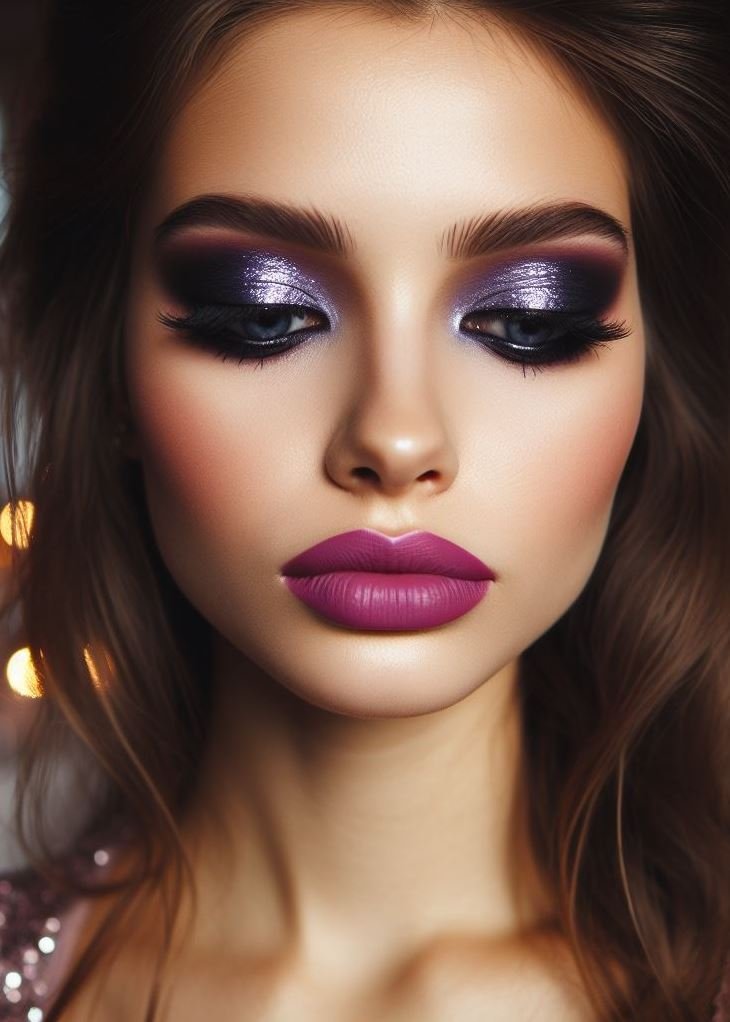 Channel your inner siren! Violet smokey eyes and mauve lips create a sultry and alluring look with a hint of mystery, perfect for a romantic rendezvous.