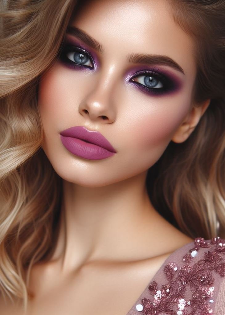 Beyond the basics! Elevate your makeup routine with a mesmerizing violet smokey eye and a touch of mauve on your lips. This captivating combination is perfect for a special occasion.