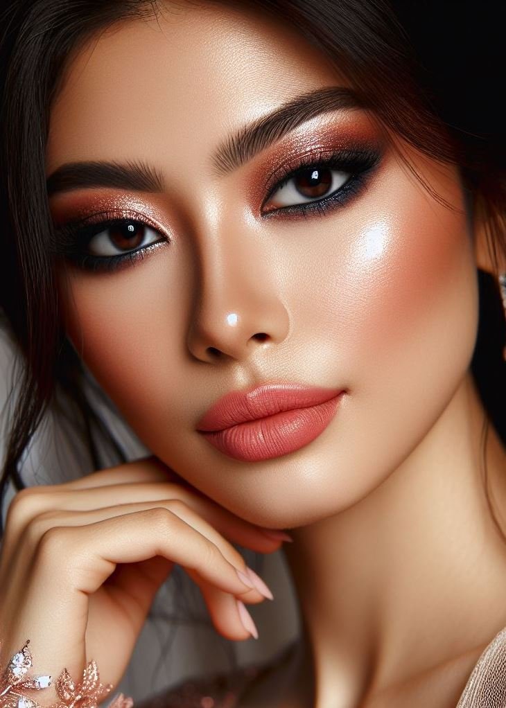 Dress your eyes in soft shimmer! Rose gold smokey eyes with nude lips create a delicate and ethereal look, perfect for weddings, prom, or adding a touch of glamour to your everyday makeup.