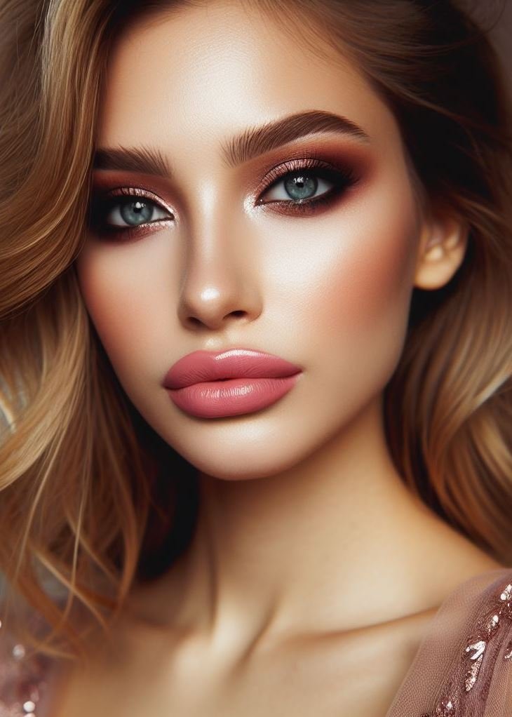 Shine like a rose! Rose gold smokey eyes with nude lips offer a romantic and shimmering take on smokey eye makeup, perfect for a night out or a special occasion.