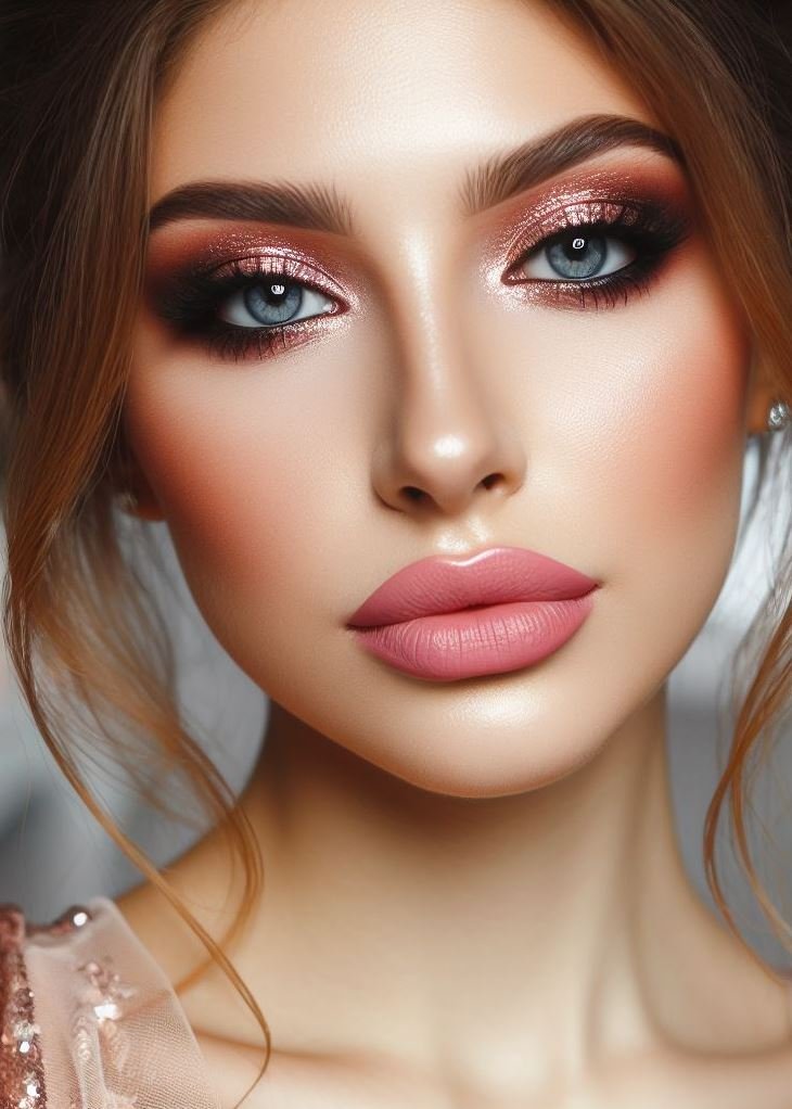 Less is more with a rose gold glow! Rose gold smokey eyes and nude lips create a soft and sophisticated look that flatters all eye colors. This is perfect for makeup beginners or those who prefer a natural glam aesthetic.