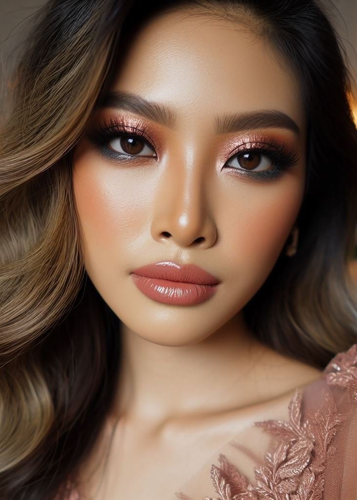 Date night delight! Rose gold smokey eyes with nude lips offer a touch of shimmer and romance, perfect for a night out with your special someone.