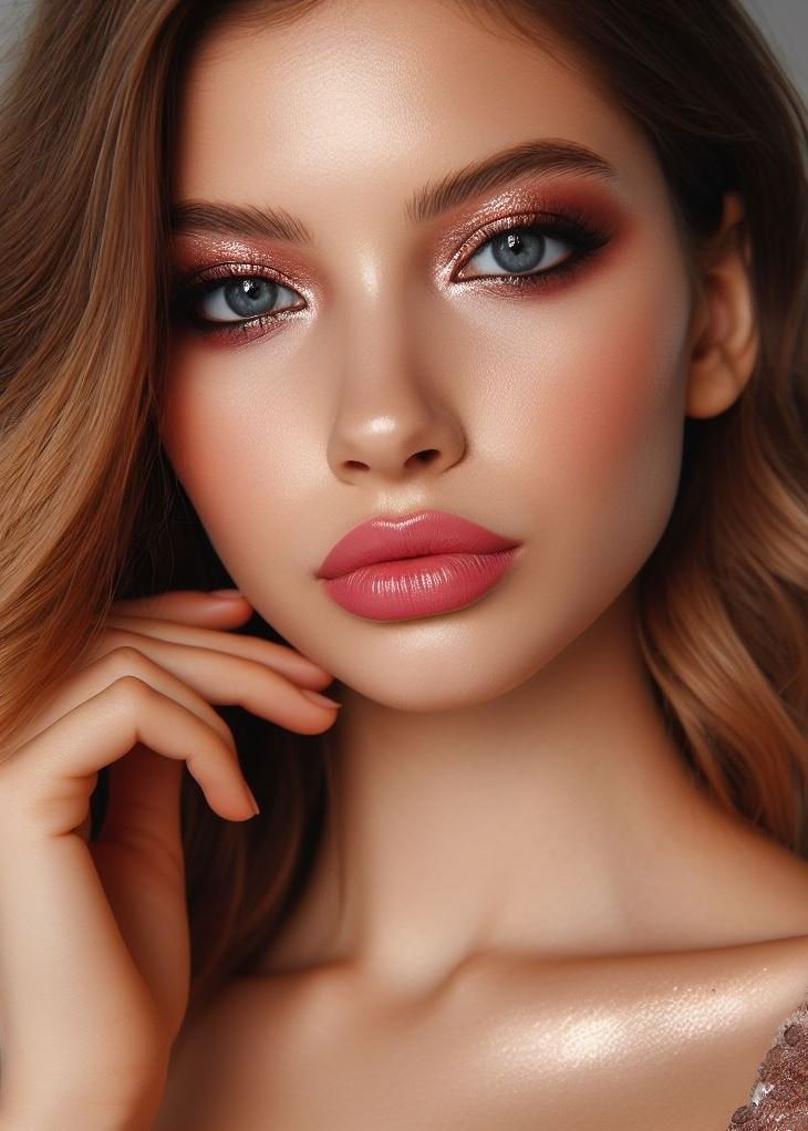 Spring awakening! The soft, shimmery tones of rose gold smokey eyes with nude lips perfectly complement the blooming flowers of spring. This look is fresh, feminine, and perfect for the season.