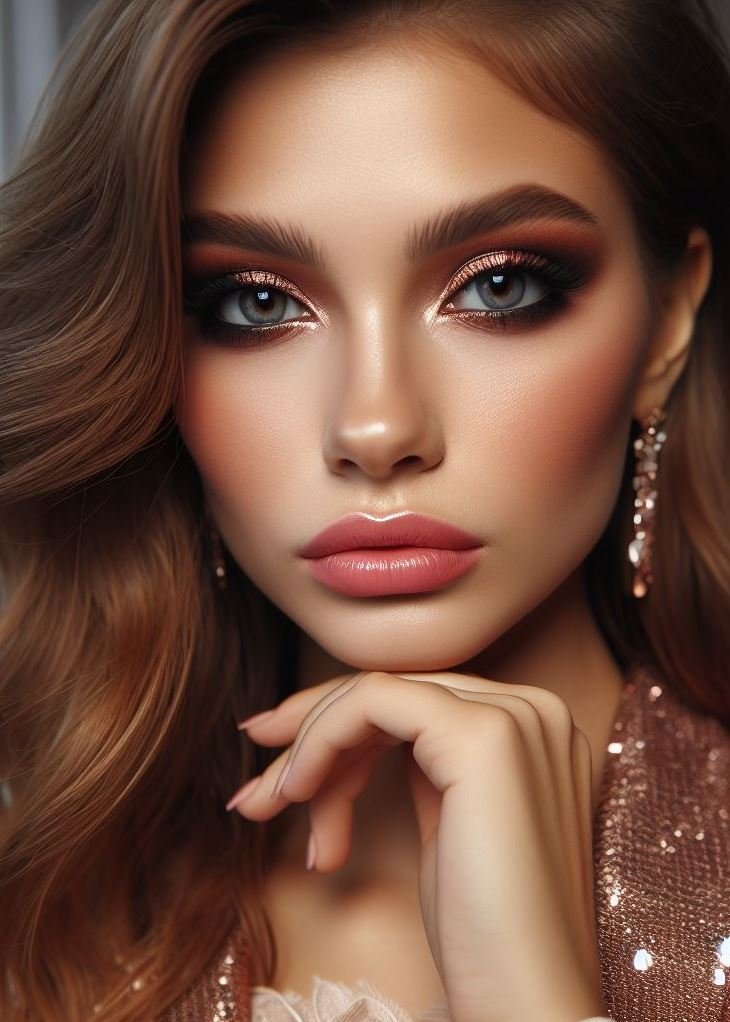 Festival ready with a touch of elegance! Rose gold smokey eyes with nude lips add a touch of glam to your festival outfit, making you stand out from the crowd while remaining sophisticated.