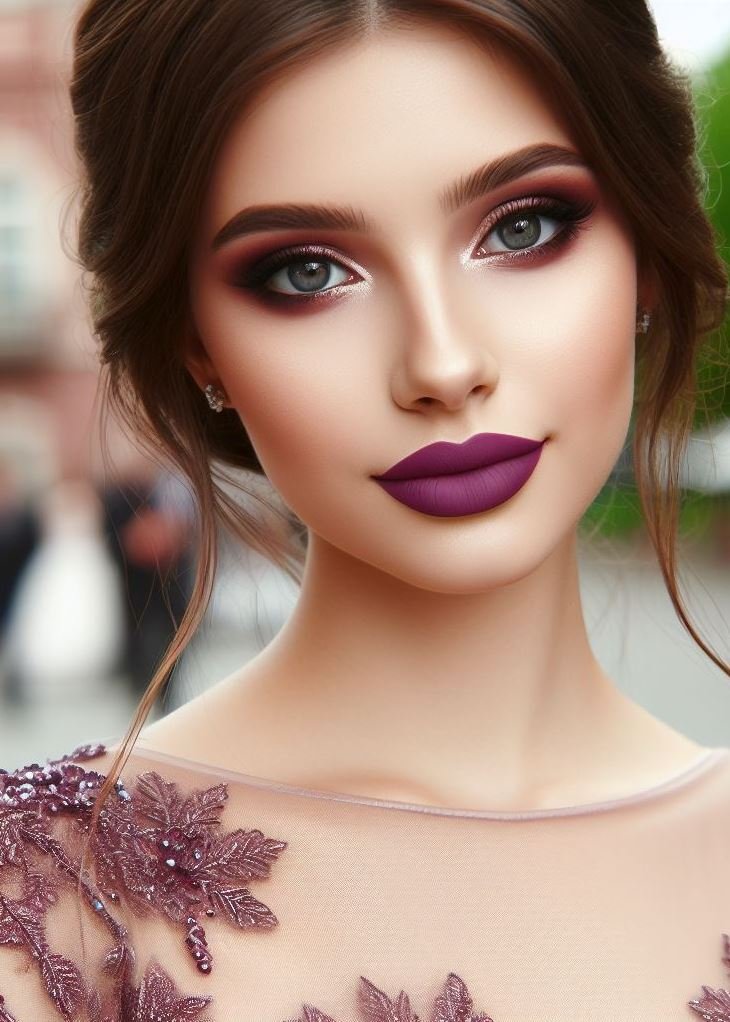 Prom makeup with a twist! A classic neutral eye gets a modern update with a deep, vampy plum lipstick. Perfect for the fashion-forward prom queen!