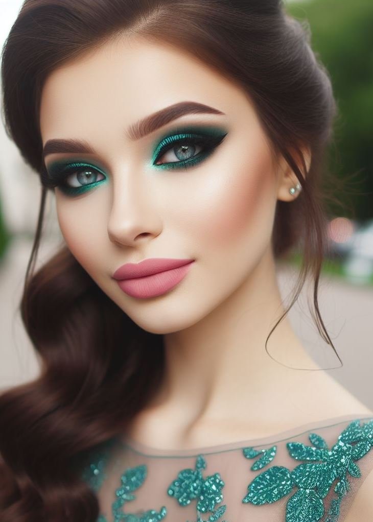 Emerald glam for prom! This captivating look features a striking emerald green eyeliner that pops against soft pink lips, perfect for a night to remember. ✨