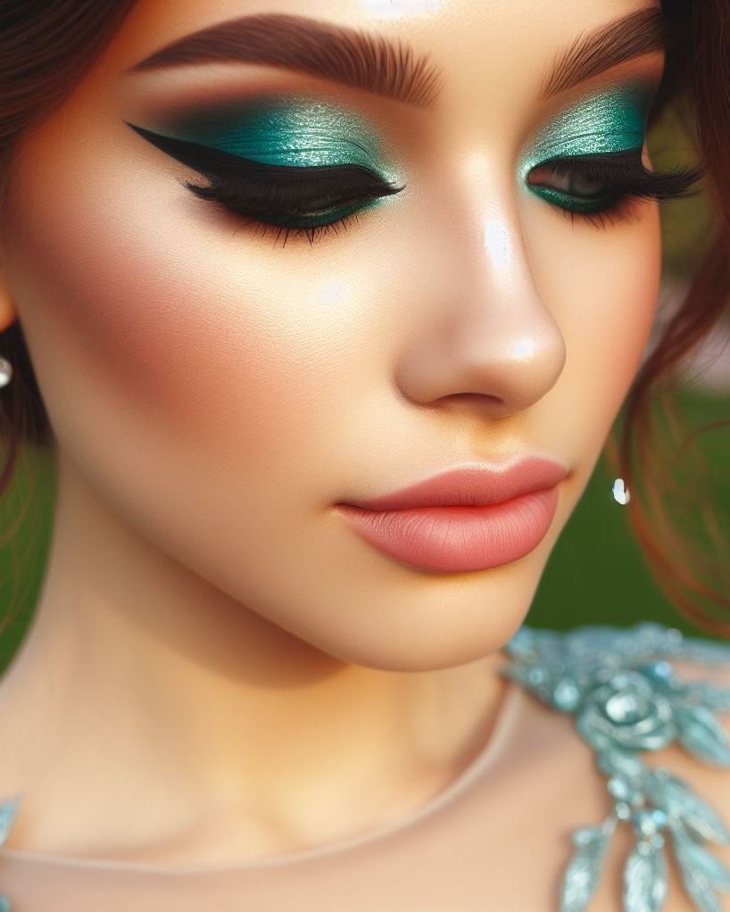 Channel your inner mermaid! ‍♀️ This cool-toned prom makeup features a mesmerizing emerald green eyeliner paired with a hint of soft pink on the lips for a touch of sweetness.