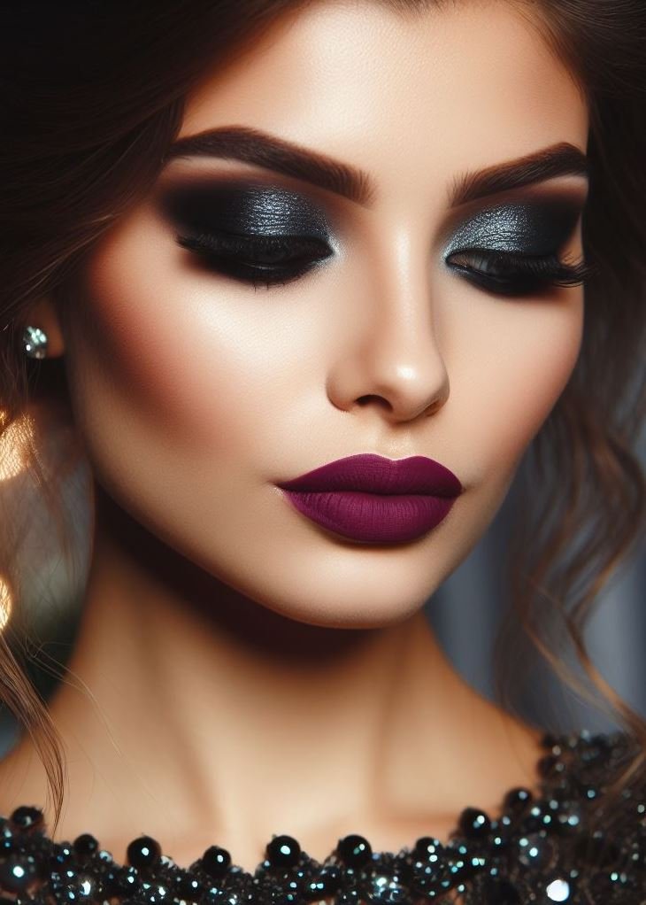 Embrace the enigma! Gunmetal grey smokey eyes paired with plum lips create an edgy and enigmatic look, perfect for a night out on the town or adding a touch of mystery to your everyday makeup.