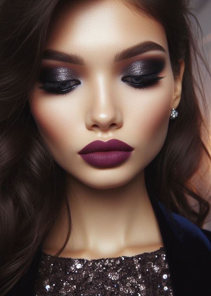 Go beyond the basic black! Gunmetal grey smokey eyes offer a modern twist on the classic smokey eye. Plum lips add a touch of drama and intrigue for a truly unique look.