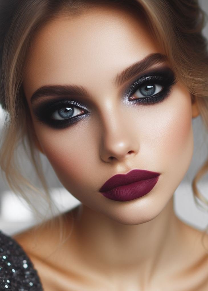 Fall for these alluring hues! The cool tones of gunmetal grey smokey eyes perfectly complement the rich jewel tones of plum lips, creating a captivating and dramatic look ideal for autumn.