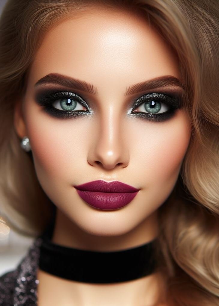 Beyond the basics! Elevate your smokey eye with a gunmetal grey shade. Plum lips add a touch of drama and sophistication to your makeup routine, perfect for a special occasion.