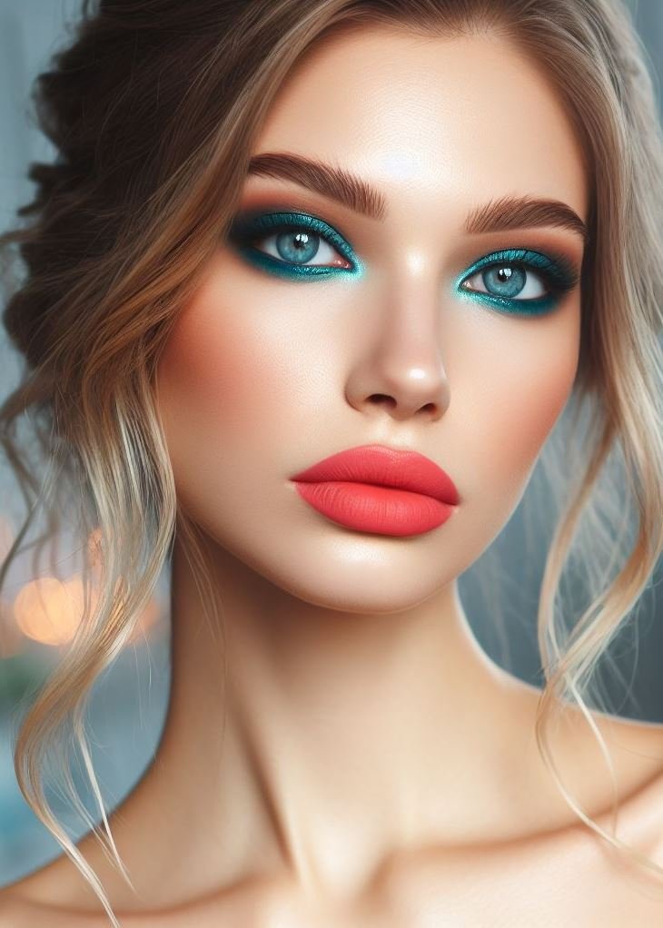 Ditch the ordinary, embrace the teal! A teal smokey eye with coral lips creates an unexpected and playful look, perfect for those who want to stand out from the crowd.