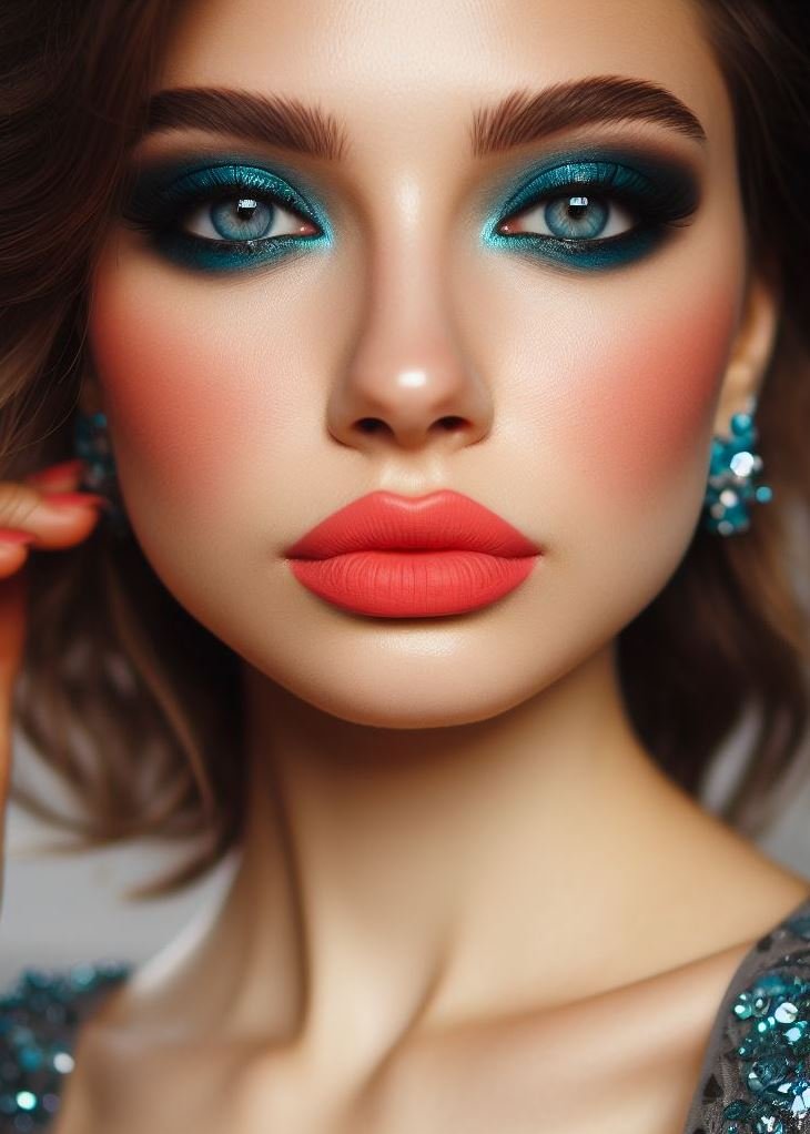 Make a splash with color! Teal smokey eyes paired with coral lips offer a vibrant and eye-catching combination, perfect for summer nights or adding a touch of fun to your everyday makeup.