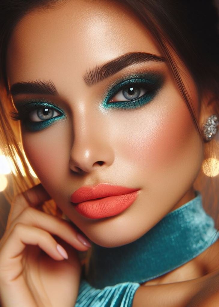 More than just blue! Teal offers a refreshing alternative to classic blue smokey eyes. Paired with coral lips, it creates a playful and unforgettable look.