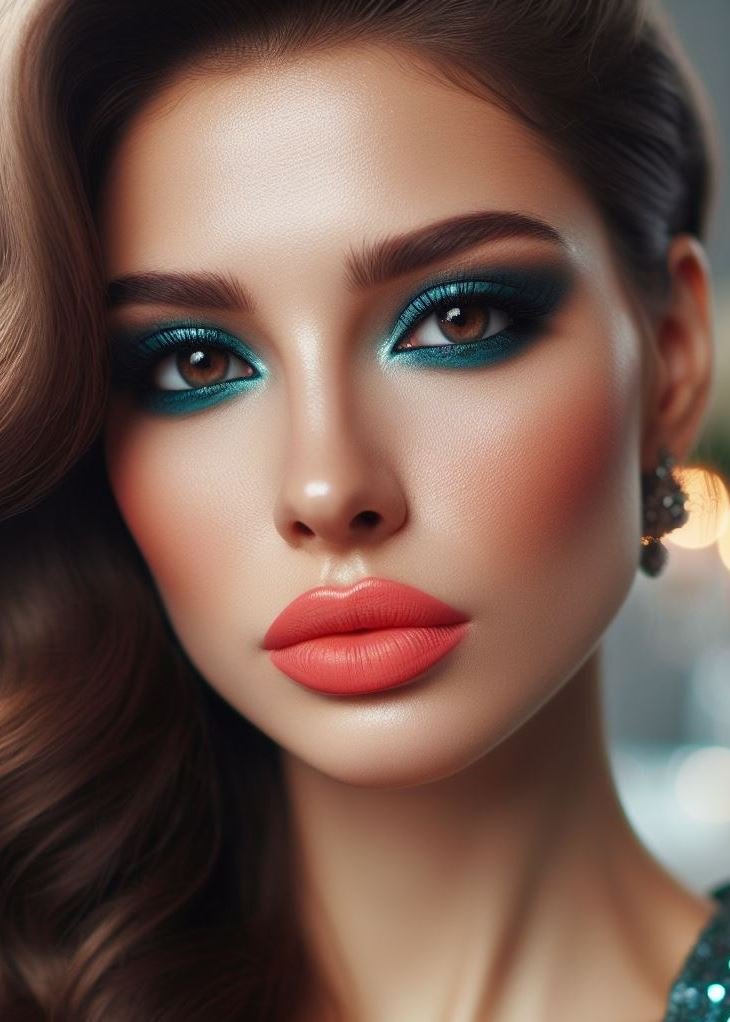 Makeup for the bold! Teal smokey eyes and coral lips are a daring and unexpected combination, perfect for those who aren't afraid to stand out from the crowd.