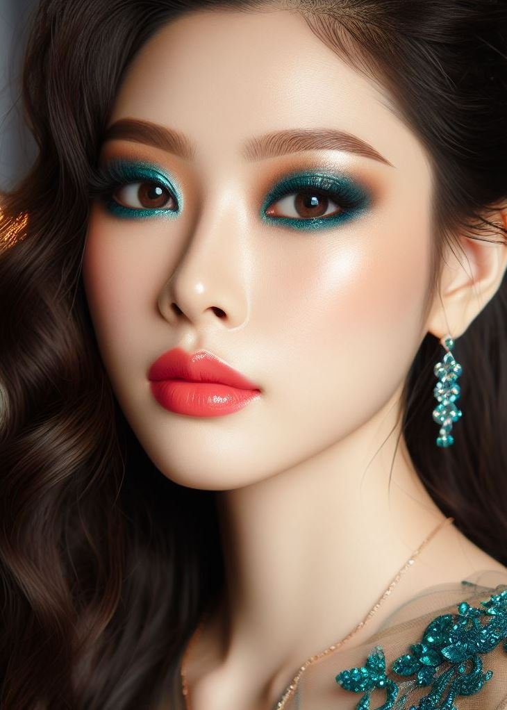 Festival ready, stand out from the crowd! Teal smokey eyes and coral lips create a unique and vibrant look that's perfect for making a statement at a festival.