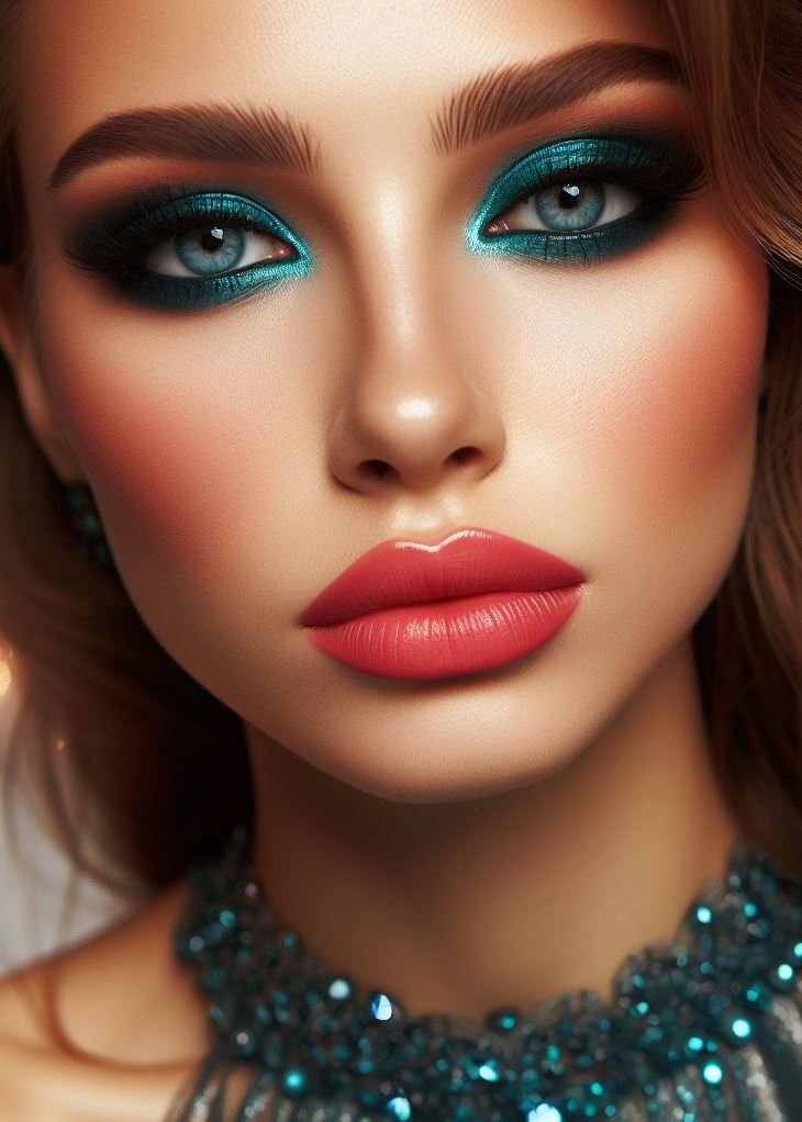 Opposites attract (in makeup)! The cool tones of teal smokey eyes contrast beautifully with the warm tones of coral lips, creating a visually interesting and playful look.