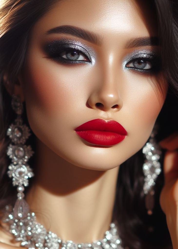 Channel your inner rock royalty! Silver smokey eyes with a bold red lip create a glamorous and edgy look, perfect for a night out on the town or rocking a concert.