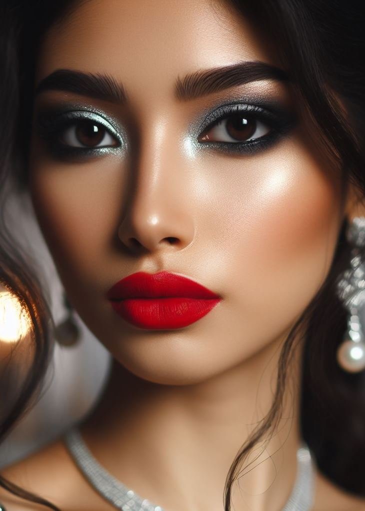 Modern glam with a rebellious twist! Ditch the traditional smokey eye and embrace a silver shade. Bold red lips add a touch of drama for a look that's both glamorous and rebellious.