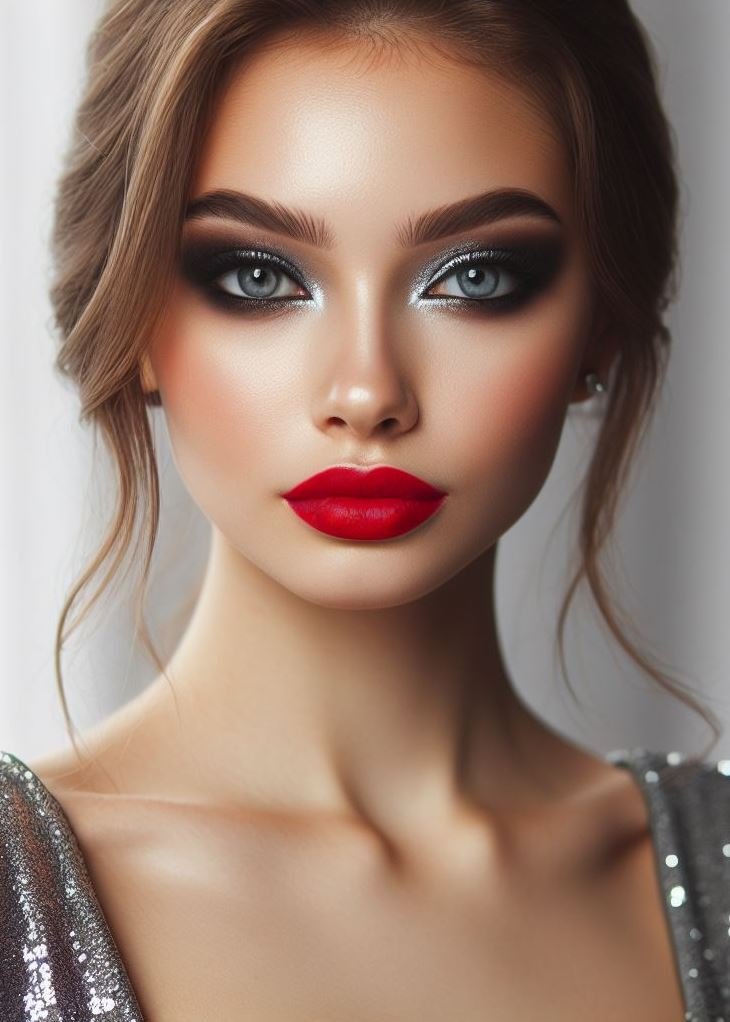 Date night with a statement! Elevate your date night look with a mesmerizing silver smokey eye and a bold red lip. This glamorous and edgy combination is guaranteed to turn heads.