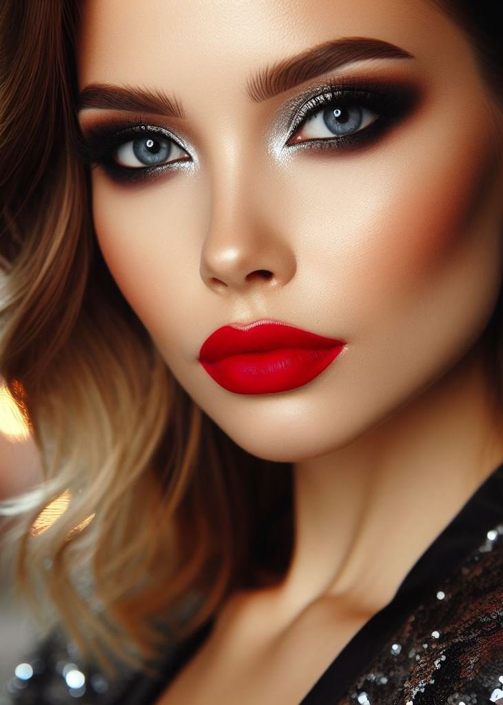 Silver screen siren vibes! Channel the iconic glamour of Hollywood with a silver smokey eye and a bold red lip. This timeless combination is perfect for a special occasion or a night out feeling like a star.