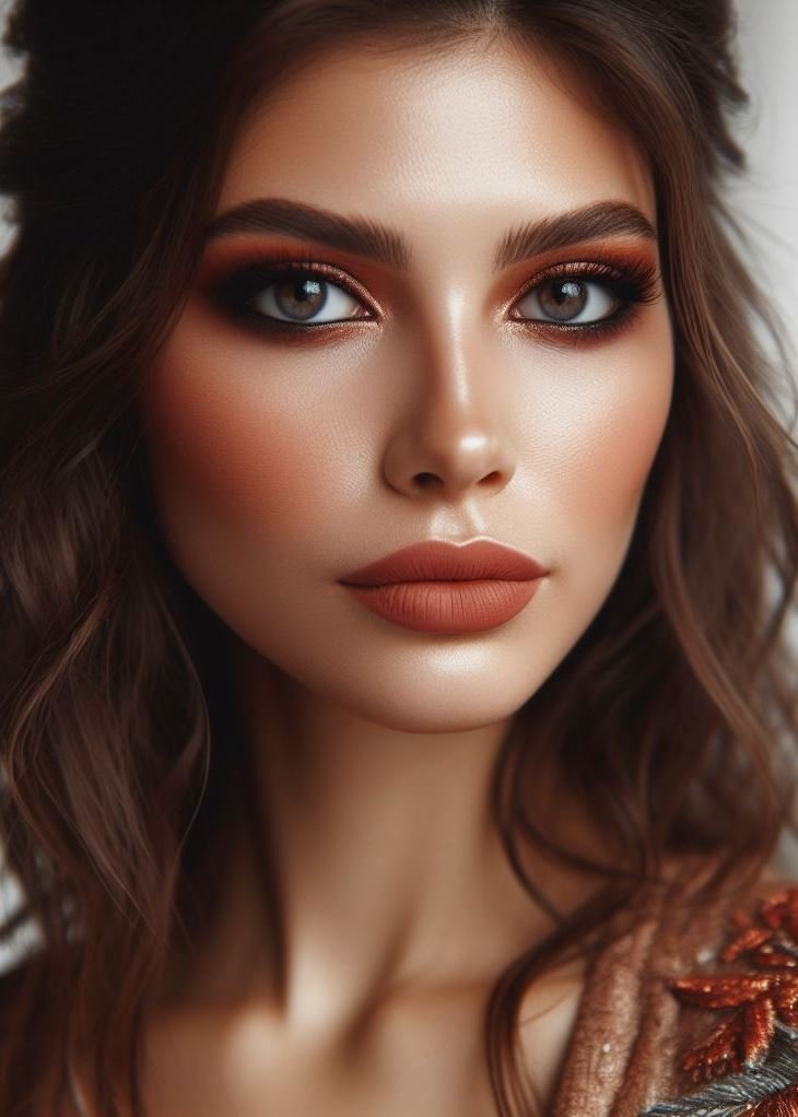 Back to nature glam! Ditch the harsh blacks and embrace the warmth of a terracotta smokey eye. Warm brown lips complete this earthy and sophisticated look.