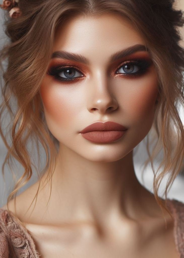 Fall for these earthy hues! Terracotta and warm brown are a match made in autumn heaven. This earthy smokey eye and lip combo perfectly complements the rich colors of the season.