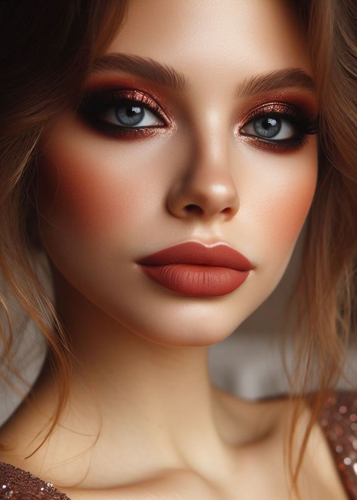 No foundation needed! The warm tones of terracotta smokey eyes and brown lips naturally enhance your complexion, making this a great option for a natural, earth-inspired makeup look.