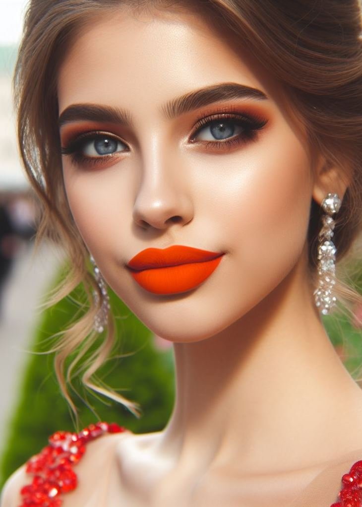 Let your lips do the talking! This prom makeup look stuns with a bold, vibrant orange lipstick balanced by simple eye makeup for a modern and eye-catching look.