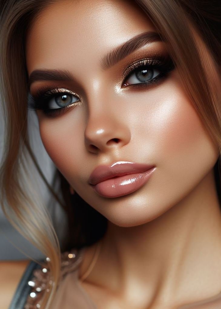 Natural glam, effortlessly achieved! Champagne gold smokey eyes and glossy nude lips create a soft and universally flattering look that's easy to achieve, even for makeup beginners.