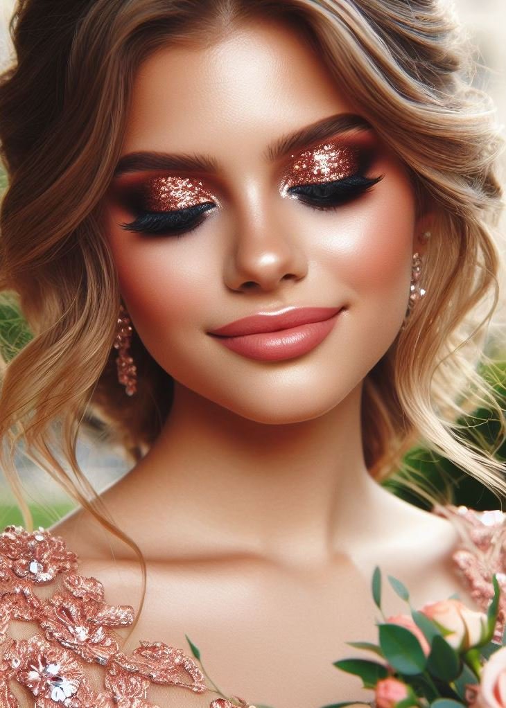 Prom makeup fit for a princess! This look combines a beautiful rose gold glittery eyeshadow for a dazzling and unforgettable entrance.