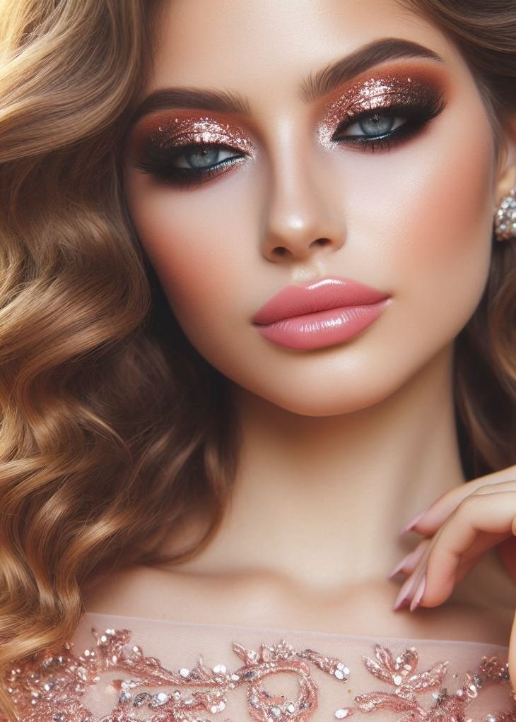 Get ready to sparkle on prom night! ✨ This show-stopping look features a mesmerizing rose gold glittery eyeshadow. Don't forget the winged liner for extra drama!