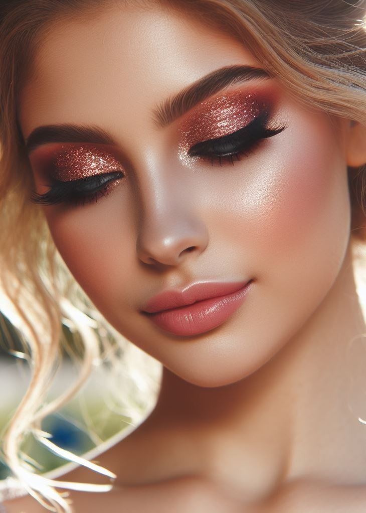 Rose gold glam for prom! This look is all about the eyes, featuring a gorgeous rose gold glittery eyeshadow for a touch of elegance and a whole lot of sparkle.