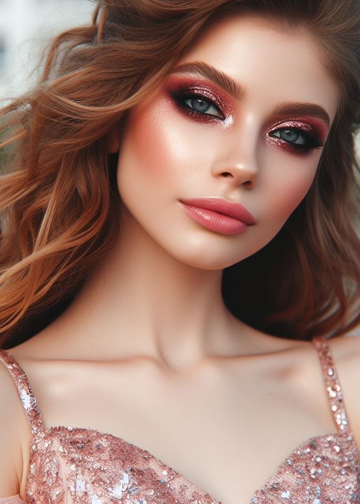 Prom makeup that's both glamorous and playful! ✨ This shimmering rose gold glittery eyeshadow adds a touch of sparkle and fun to your prom night look.