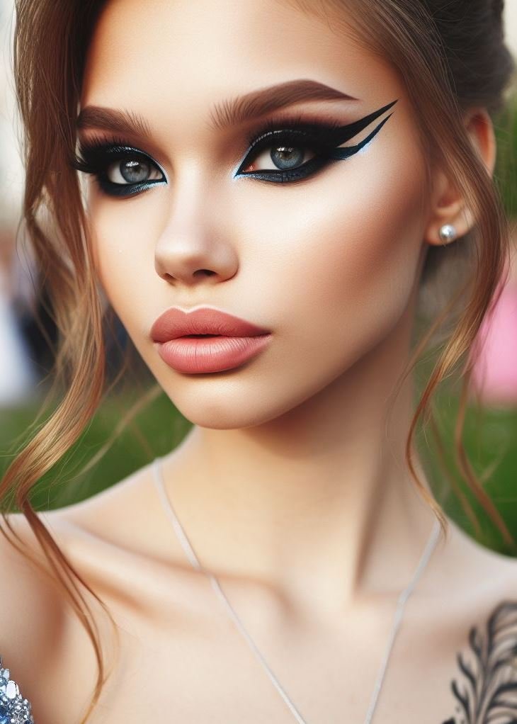 Double the drama! This prom makeup stuns with a bold graphic eyeliner design paired with a statement-making lip color for a show-stopping and unforgettable look.