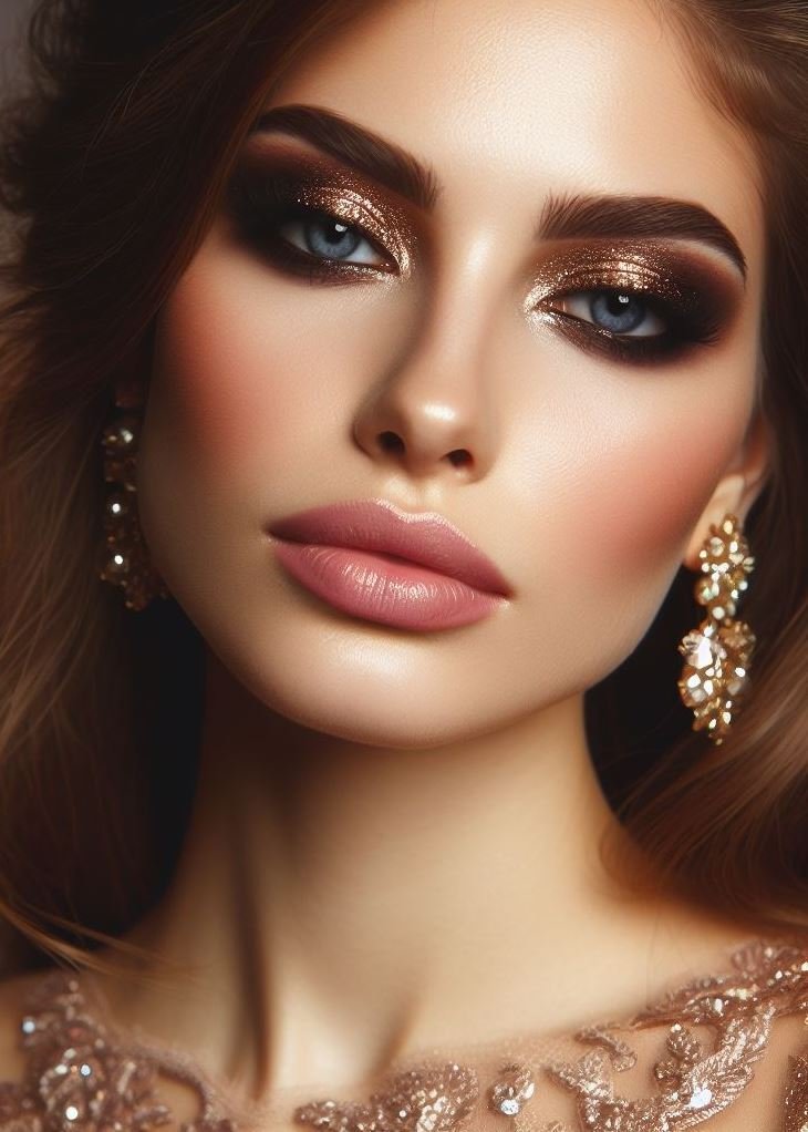 Brown smokey eyes with a touch of gold shimmer create a warm and inviting look. Perfect for day or night, this universally flattering combination enhances your natural beauty.