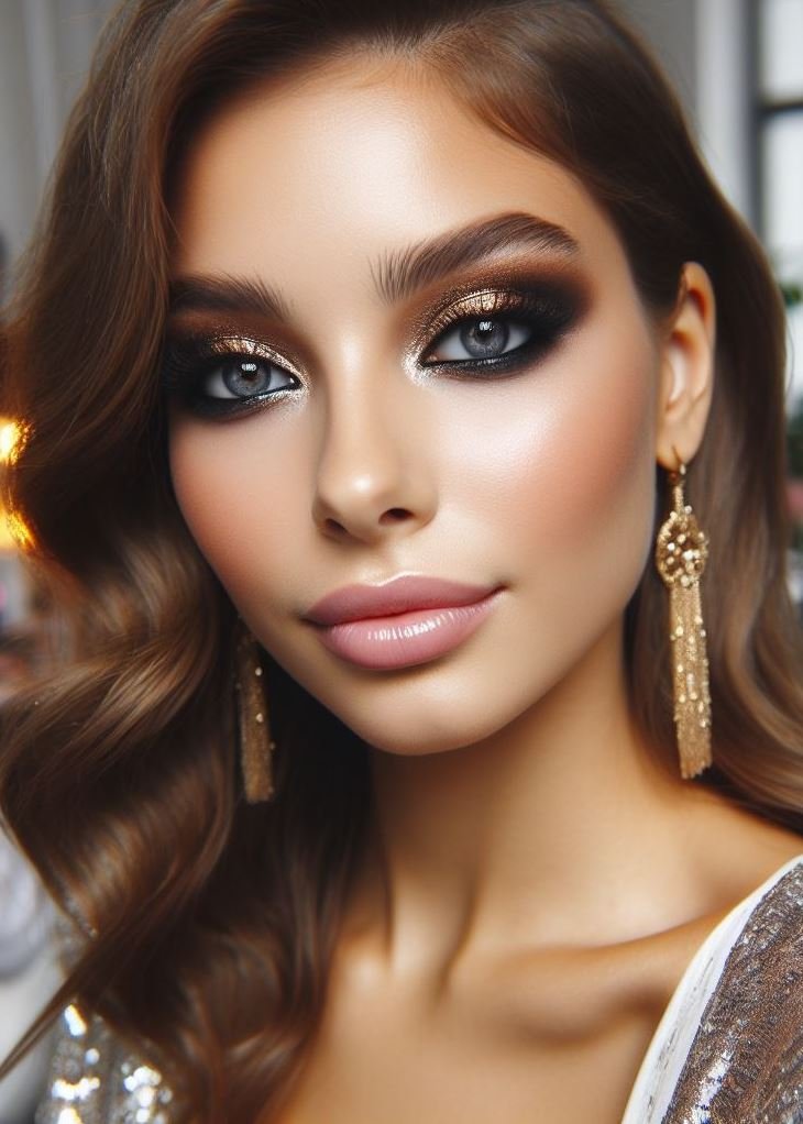 Work appropriate glam! Brown smokey eyes with gold shimmer offer a touch of drama without being overpowering, making it a great choice for the office.