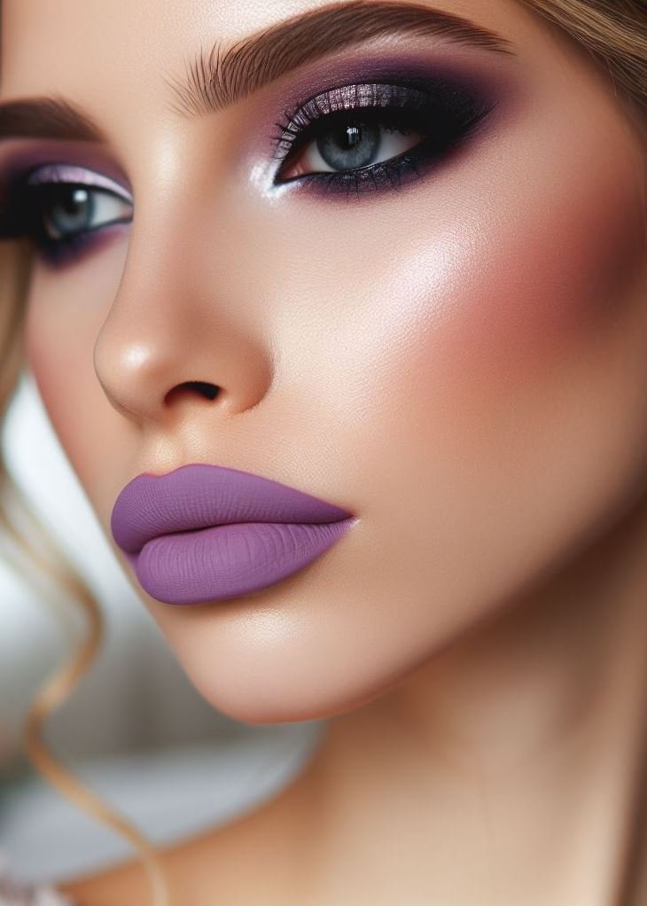 Embrace the mystique! A veil of smokey lavender eyeshadow with lilac lips creates a captivating and otherworldly look, perfect for those who want to stand out from the crowd.