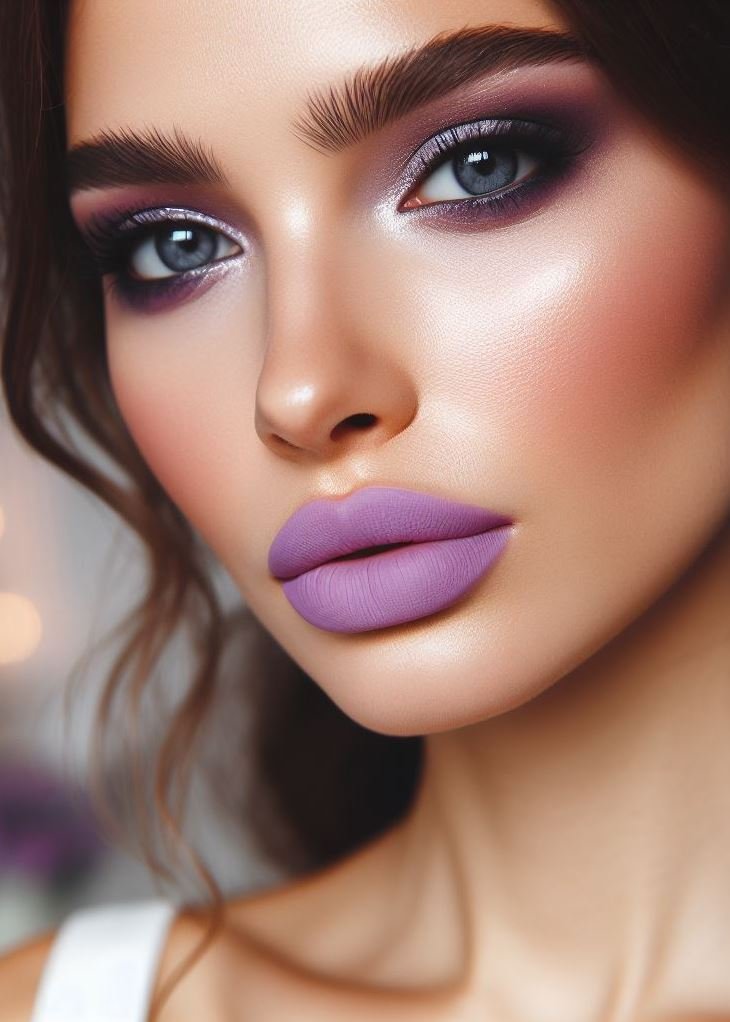 Date night with a touch of magic! Smokey lavender eyes and lilac lips offer a unique and enchanting look that's sure to leave a lasting impression on your date.