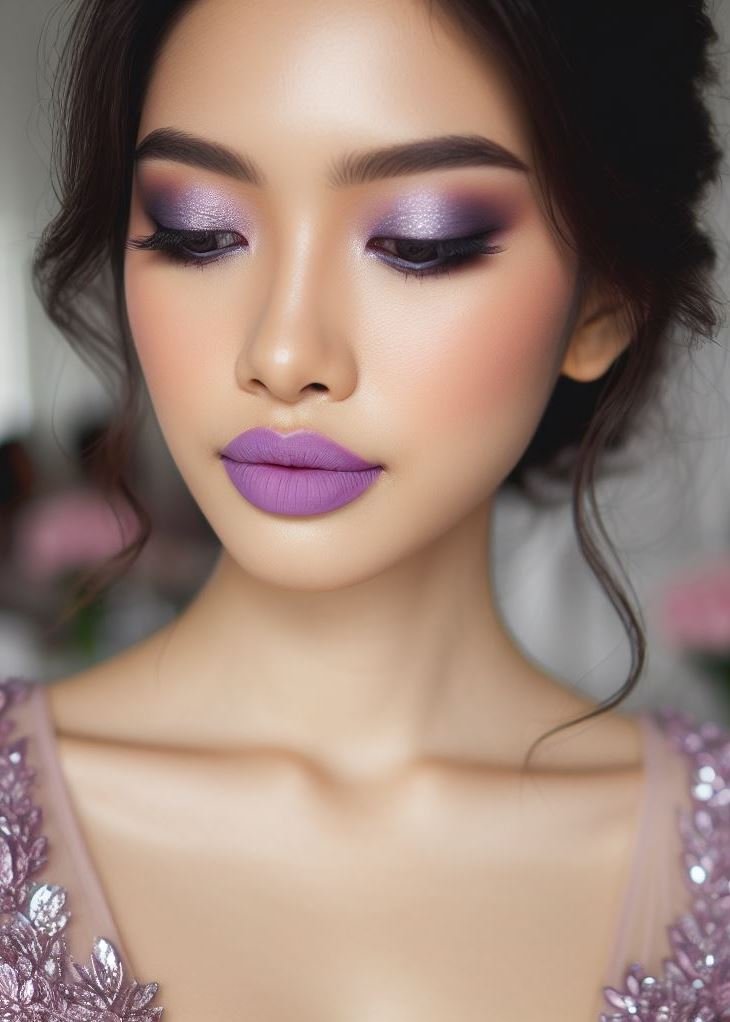 Beyond the basics! Elevate your makeup routine with a mesmerizing smokey lavender eye and a touch of lilac on your lips. This dreamy combination is perfect for a special occasion.