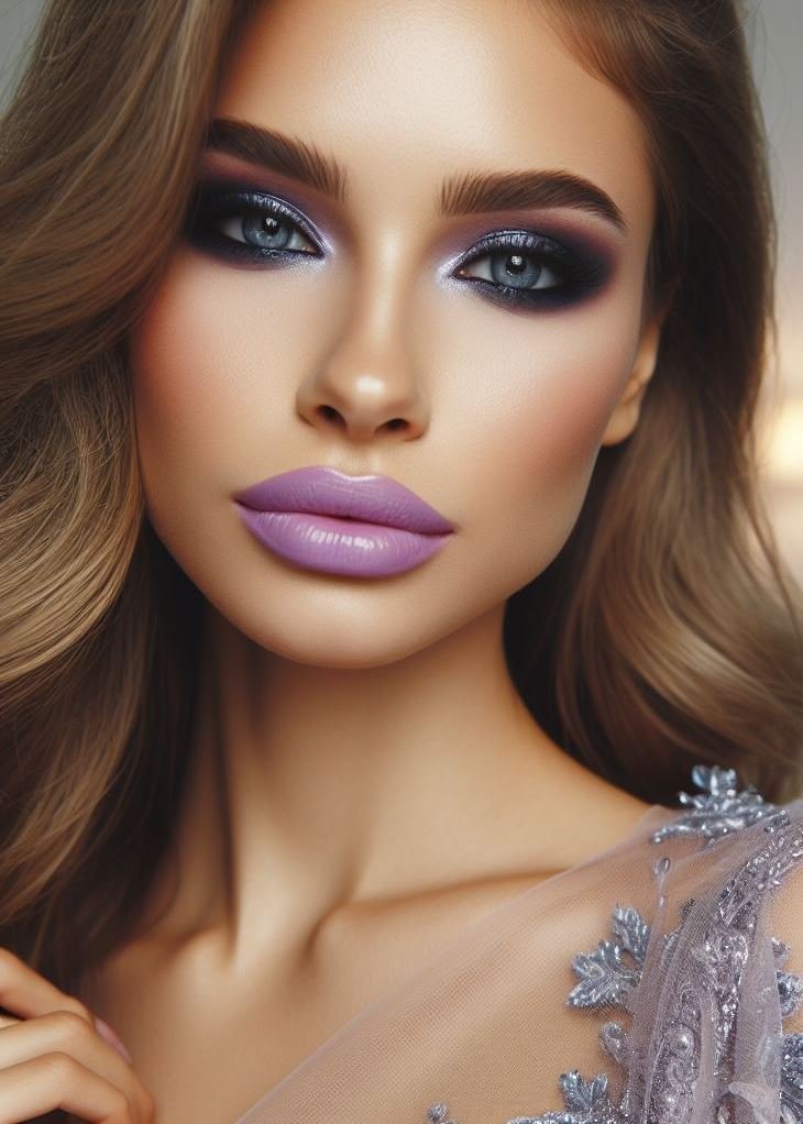 Let your eyes be the star! Lilac lips keep the look soft and ethereal, allowing the smokey lavender eyeshadow to take center stage. This captivating combination is perfect for a night out with the girls.