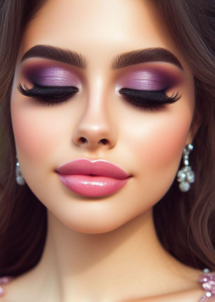 Prom makeup with a hint of sweetness! This look features a beautifully blended soft purple eyeshadow palette with a high-shine glossy lip for a touch of youthful charm.