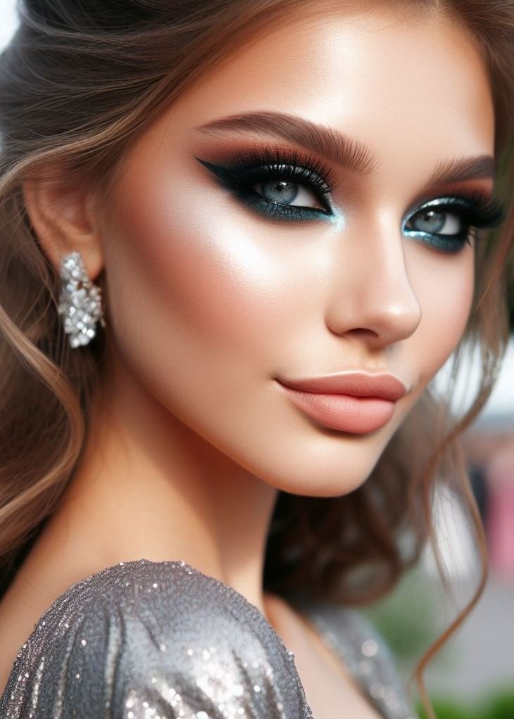 Prom makeup with a touch of drama! This look pairs a beautiful metallic smokey eyeshadow with a dramatic winged liner for a show-stopping effect. Don't forget the flawless lashes!