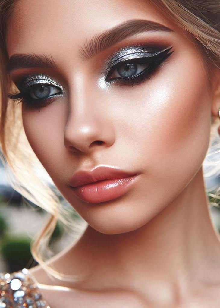 All eyes on you at prom! This dramatic makeup features a smoky metallic eyeshadow blended with a sharp winged liner, creating a guaranteed head-turning look.