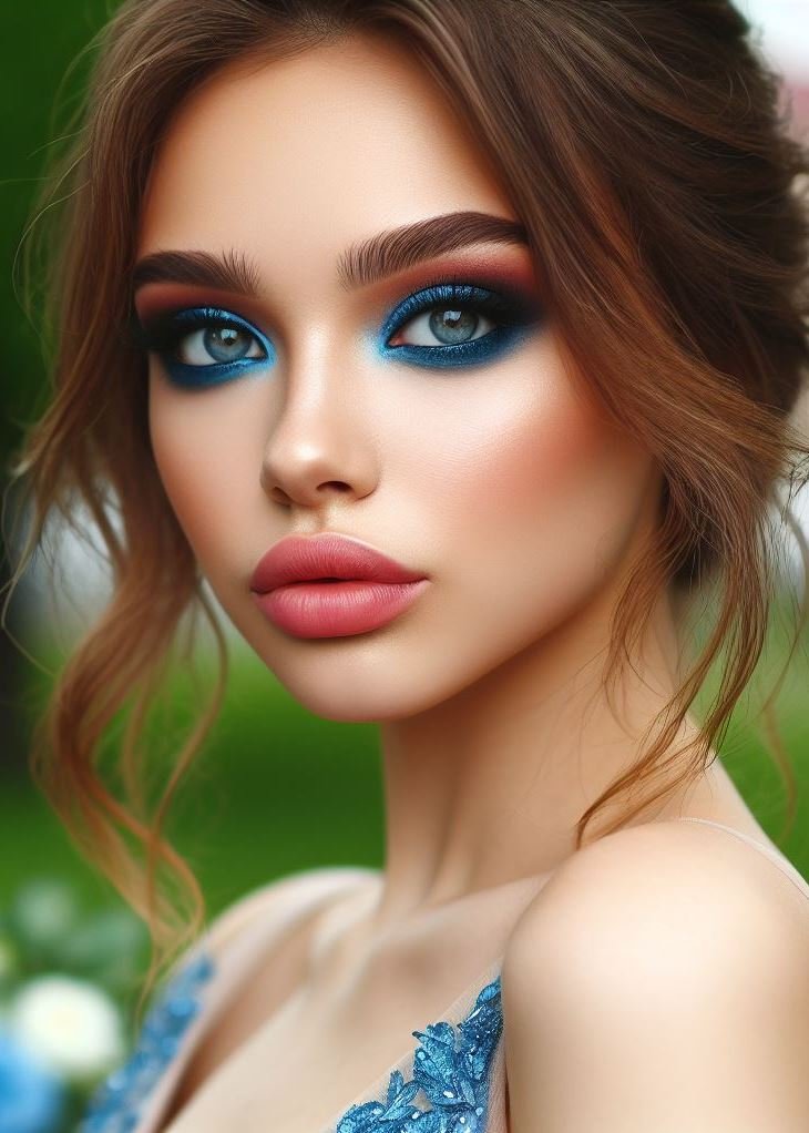 Make a splash at prom! This head-turning look features a stunning vibrant blue eyeshadow paired with nude lips for a bold statement that's both glamorous and fresh.