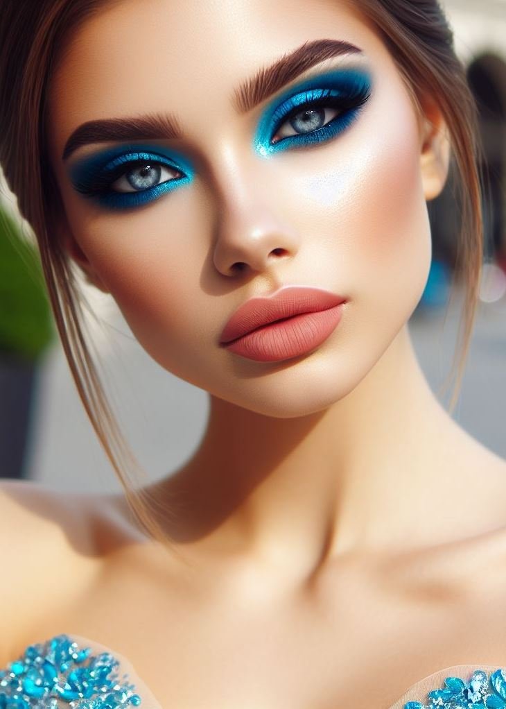 Who says prom makeup has to be boring? ✨ This look rocks a vibrant blue eyeshadow with nude lips for a unique and unforgettable statement. Be ready to turn heads!