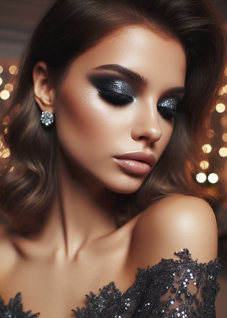 Unleash your inner rockstar with a charcoal grey smokey eye and silver glitter! This edgy and glamorous combination adds instant drama and sparkle to your look.