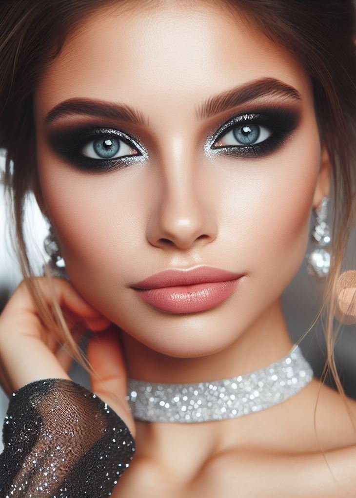 Date night with a bite! Charcoal grey smokey eyes and silver glitter create a sultry and sophisticated look with a hint of edge, perfect for a romantic rendezvous.